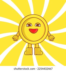Cartoon happy coin on a background with rays vector illustration. Teaching financial literacy for kids, families. Saving budget explanation. Financial system explain.