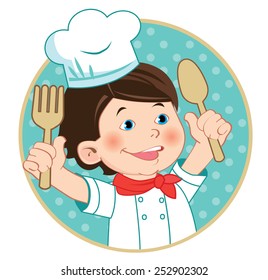 Cartoon happy cook boy with a kitchen accessories vector. Young boy chef. Cheerful cook in circle.