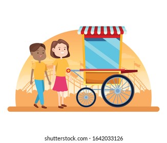 cartoon happy couple ar the popcorn cart in the fair over white background, colorful design, vector illustration