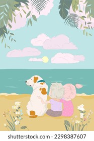 Cartoon Happy Couple with Dog sitting on the Beach Shore of the Ocean