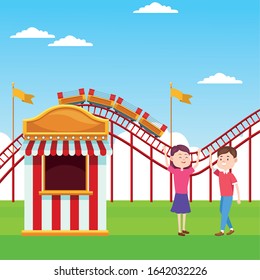 cartoon happy couple in the fair next to ticket booth over roller coaster and landscape background, colorful design, vector illustration