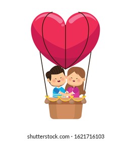 cartoon happy couple in hot air balloon in heart shape over white background, vector illustration