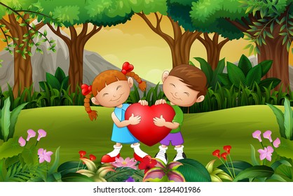 Cartoon happy couple kid holding a heart in the park