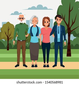 cartoon happy couple and old couple in the park, vector illustration