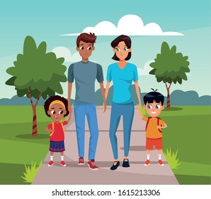 cartoon Happy couple walking with kids over landscape background, colorful design, vector illustration