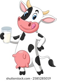 Cartoon happy cow holding a gall of milk