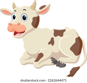 Cartoon happy cow sitting, isolated on white background