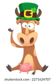 Cartoon happy cow wearing st patrick's hat and clover  Vector illustration