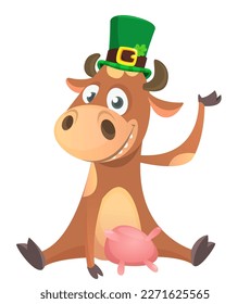 Cartoon happy cow wearing st patrick's hat and clover  Vector illustration