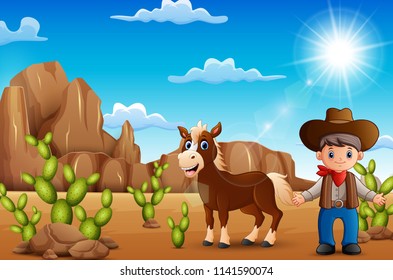 Cartoon happy cowboy with horse in the desert