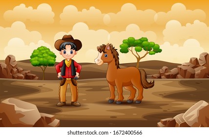 Cartoon happy cowboy with horse in the desert