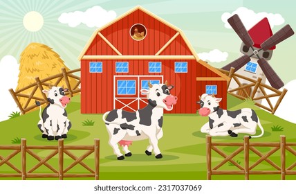 Cartoon of happy cows on the farm. Vector illustration