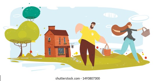 Cartoon Happy Craft Family and Shopping in Local Rural Market. Smiling Farmers, Husband and Wife, Man and Woman with Handbags Running, Returning Home in Good Mood. Vector Flat Cutout Illustration