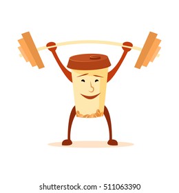 Cartoon happy cup of coffee. Strong cup of coffee with a barbell. Comic characters. Cute food