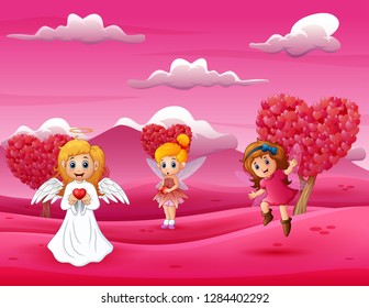 Cartoon happy cupid mother with little fairy