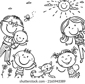 Cartoon happy cute doodle family banner frame, hand drawn outline vector illustration