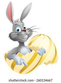 A cartoon happy cute cartoon Easter Bunny in a giant Easter Egg