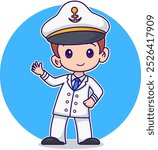 Cartoon Happy Cute Little Kid Boy Wearing White Ship Captain Uniform Waving Hand