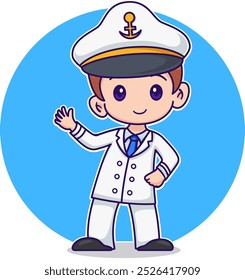 Dibujos Animados Feliz Lindo Niño Pequeño Vestido De Barco Blanco Capitán Uniforme Saludando La Mano