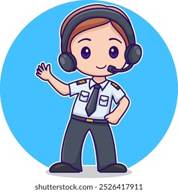 Desenho Animado Happy Cute Little Boy Vestindo Branco Piloto Uniforme Acenando Mão