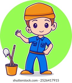 Cartoon Happy Cute Little Kid Boy Wearing Blue Cleaner Uniform and Orange Hat Waving Hand with Janitor