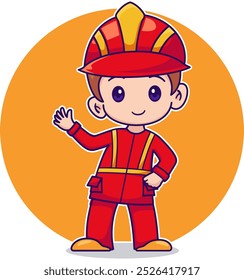 Cartoon Happy Cute Little Kid Boy Wearing Fireman Uniform Waving Hand