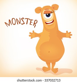 Cartoon happy cute one-eyed orange funny monster. Vector illustration.