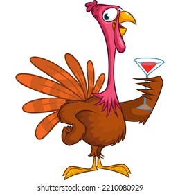 Cartoon Happy Cute Thanksgiving Turkey Bird Drinking Wine. Vector Illustration Isolated. Design For Thanksgiving Day Outlined