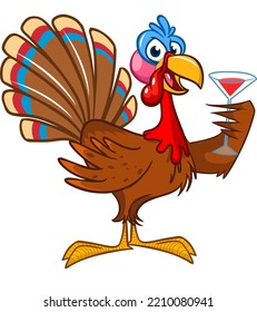 Cartoon Happy Cute Thanksgiving Turkey Bird Drinking Wine. Vector Illustration Isolated. Design For Thanksgiving Day Outlined