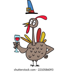 Cartoon happy cute thanksgiving turkey bird drinking wine after meal. Design for Thanksgiving Day. Vector illustration isolated