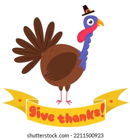 Cartoon happy cute thanksgiving turkey bird. Design for Thanksgiving Day. Vector illustration isolated. 
