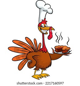 Cartoon happy cute thanksgiving turkey bird chief hat serving a pie in a tray. Vector illustration. Design for Thanksgiving Day