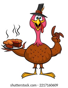 Cartoon happy cute thanksgiving turkey bird chief hat serving a pie in a tray. Vector illustration. Design for Thanksgiving Day