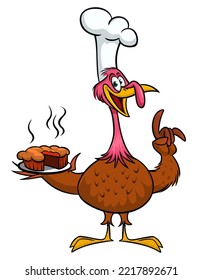 Cartoon happy cute thanksgiving turkey bird chief hat serving a pie in a tray. Vector illustration. Design for Thanksgiving Day