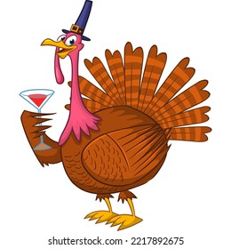 Cartoon glücklich süße Thanksgiving Truthühner Vogel trinken Wein nach dem Essen. Design für den Erntedanktag. Vektorgrafik einzeln