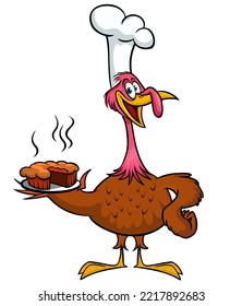 Cartoon happy cute thanksgiving turkey bird chief hat serving a pie in a tray. Vector illustration. Design for Thanksgiving Day