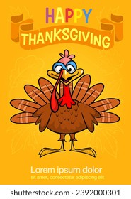 Cartoon happy cute thanksgiving turkey bird. Vector illustration isolated. Design for Thanksgiving Day.