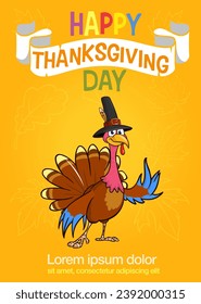 Cartoon happy cute thanksgiving turkey bird. Vector illustration isolated. Design for Thanksgiving Day.