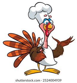 Cartoon glücklich niedlich Thanksgiving Pute Vogel tragen Chefs Hut. Vektorgrafik einzeln. Design für Thanksgiving Day