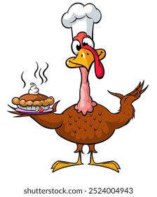 Cartoon glücklich niedlich Thanksgiving Pute Vogel Chef Kochen Kuchen auf dem Tablett. Vektorgrafik einzeln. Design für Thanksgiving Day