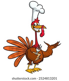 Cartoon glücklich niedlich Thanksgiving Pute Vogel tragen Chefs Hut. Vektorgrafik einzeln. Design für Thanksgiving Day