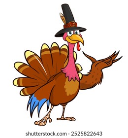 Cartoon happy cute thanksgiving turkey bird wearing pilgrim's hat. Vector illustration isolated. Design for Thanksgiving Day