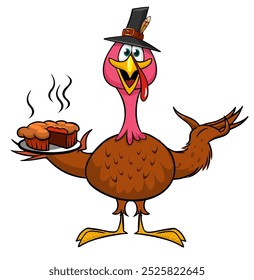 Cartoon glücklich niedlich Thanksgiving Pute Vogel Chef Kochen Kuchen auf dem Tablett. Vektorgrafik einzeln. Design für Thanksgiving Day