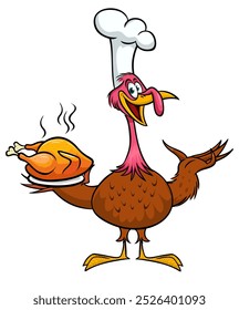 Cartoon happy cute thanksgiving turkey bird chief cooking roasted chicken on the tray. Vector illustration isolated. Design for Thanksgiving Day