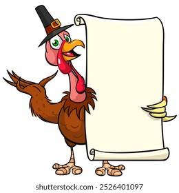 Cartoon happy cute thanksgiving turkey bird holding blank paper for text. Vector illustration isolated. Design for Thanksgiving Day