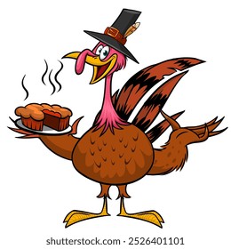 Cartoon happy cute thanksgiving turkey bird chief cooking pie on the tray. Vector illustration isolated. Design for Thanksgiving Day