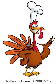 Cartoon happy cute thanksgiving turkey bird wearing chiefs hat. Vector illustration isolated. Design for Thanksgiving Day