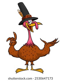 Caricatura feliz lindo pájaro de pavo de acción de gracias con sombrero de peregrino. Ilustración vectorial aislada. Diseño para el Día de Acción de Gracias