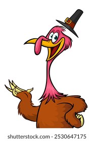 Cartoon happy cute thanksgiving turkey bird wearing pilgrim's hat. Vector illustration isolated. Design for Thanksgiving Day