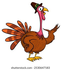 Cartoon happy cute thanksgiving turkey bird wearing pilgrim's hat. Vector illustration isolated. Design for Thanksgiving Day